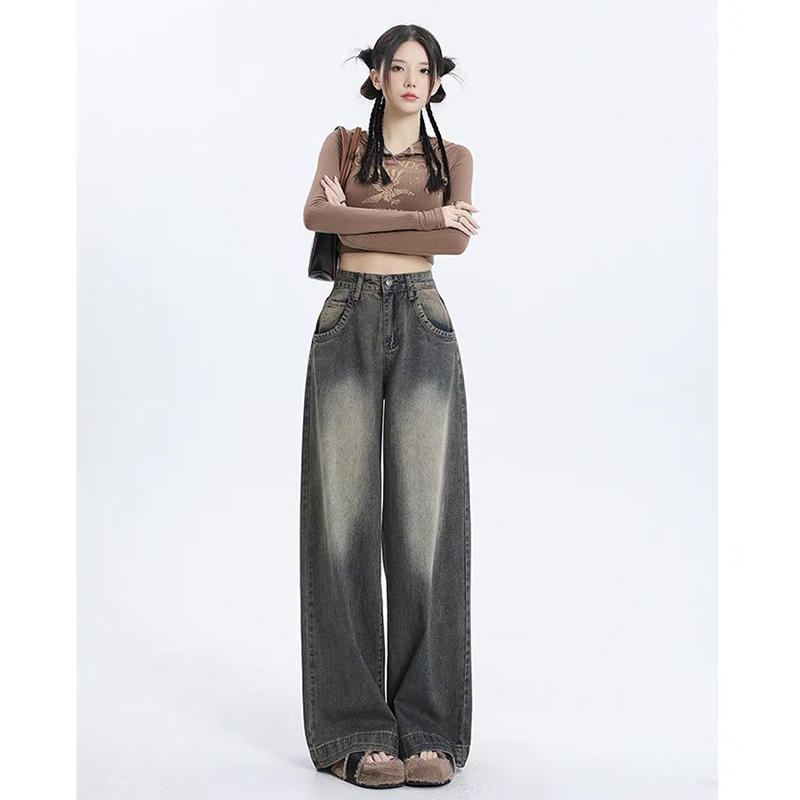 American retro wide-leg jeans for women 2025 new summer washing high waist loose draped straight-leg floor pants