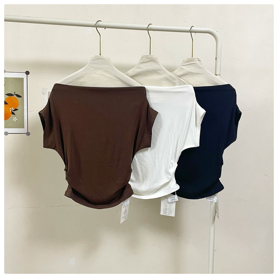 Real shot, high-end one-length T-shirt, female temperament, versatile off-shoulder short-sleeved lazy side-shoulder waist-retted top