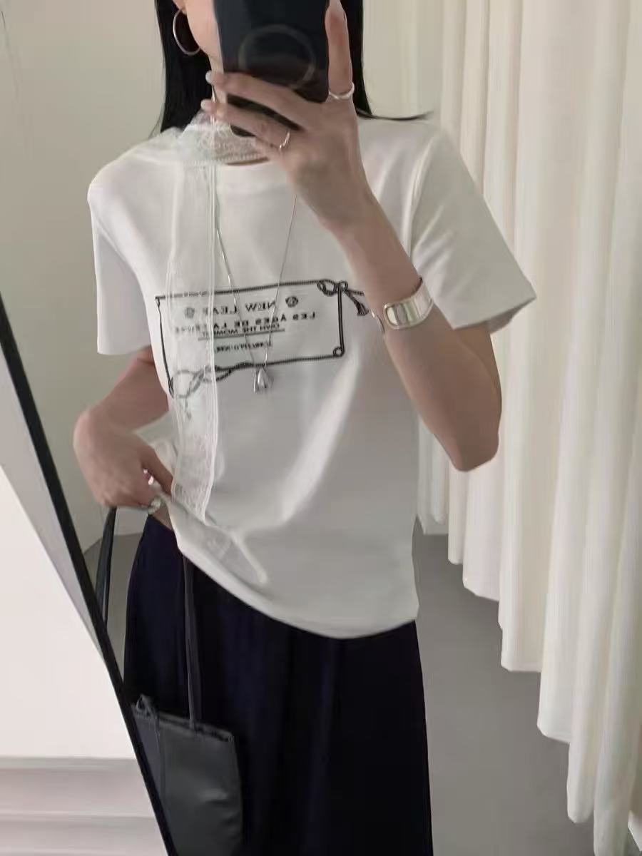 Korean loose letter printing with scarf short-sleeved T-shirt for women 2025 spring new fashionable and versatile base shirt trendy