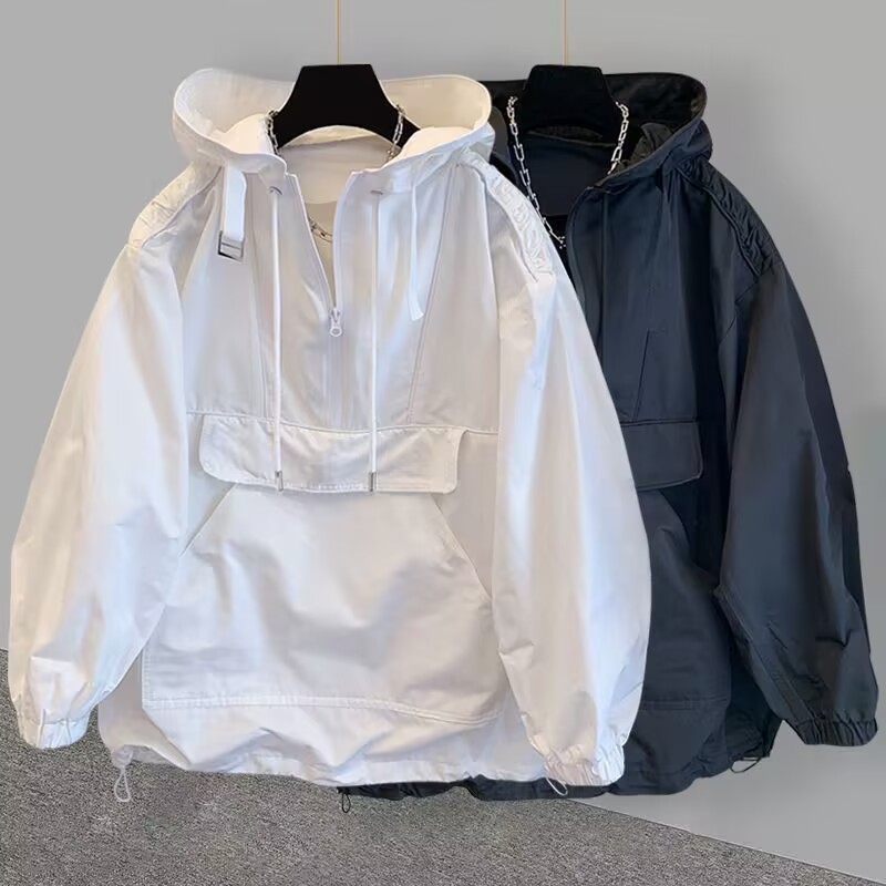 Fashionable brand Korean ins plus size 300 catties workwear design spliced ​​jacket windbreaker hooded jacket