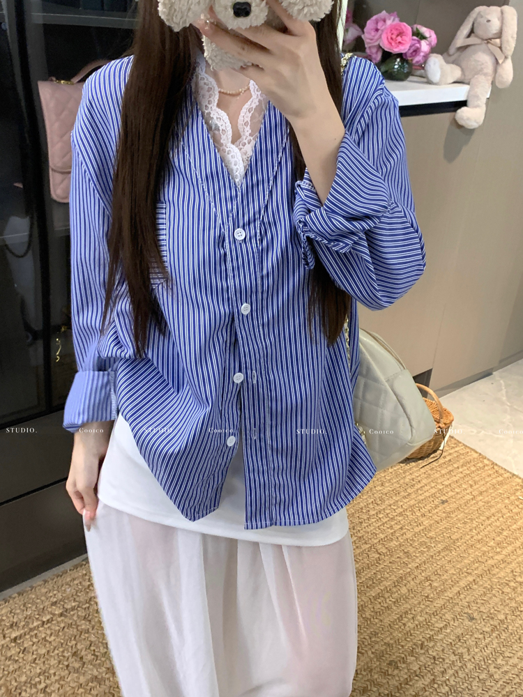 Real shot New loose casual lapel blue lace spliced ​​Korean shirt