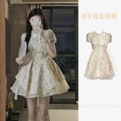 New Chinese cheongsam puffy skirt summer waist-hugging temperament gentle puff sleeve floral dress with bow