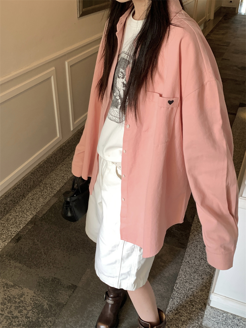 Real shot Korean love design solid color shirt for women in spring new casual simple versatile loose top