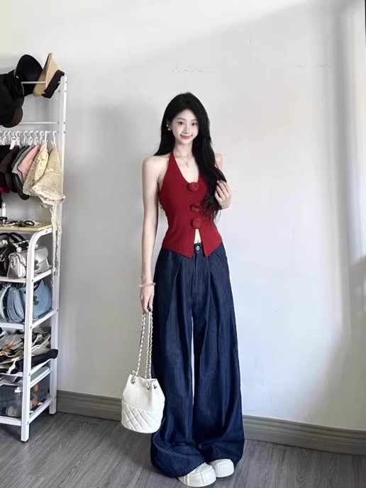 kumikumi casual suit red vest long sleeve knitted cardigan women's spring