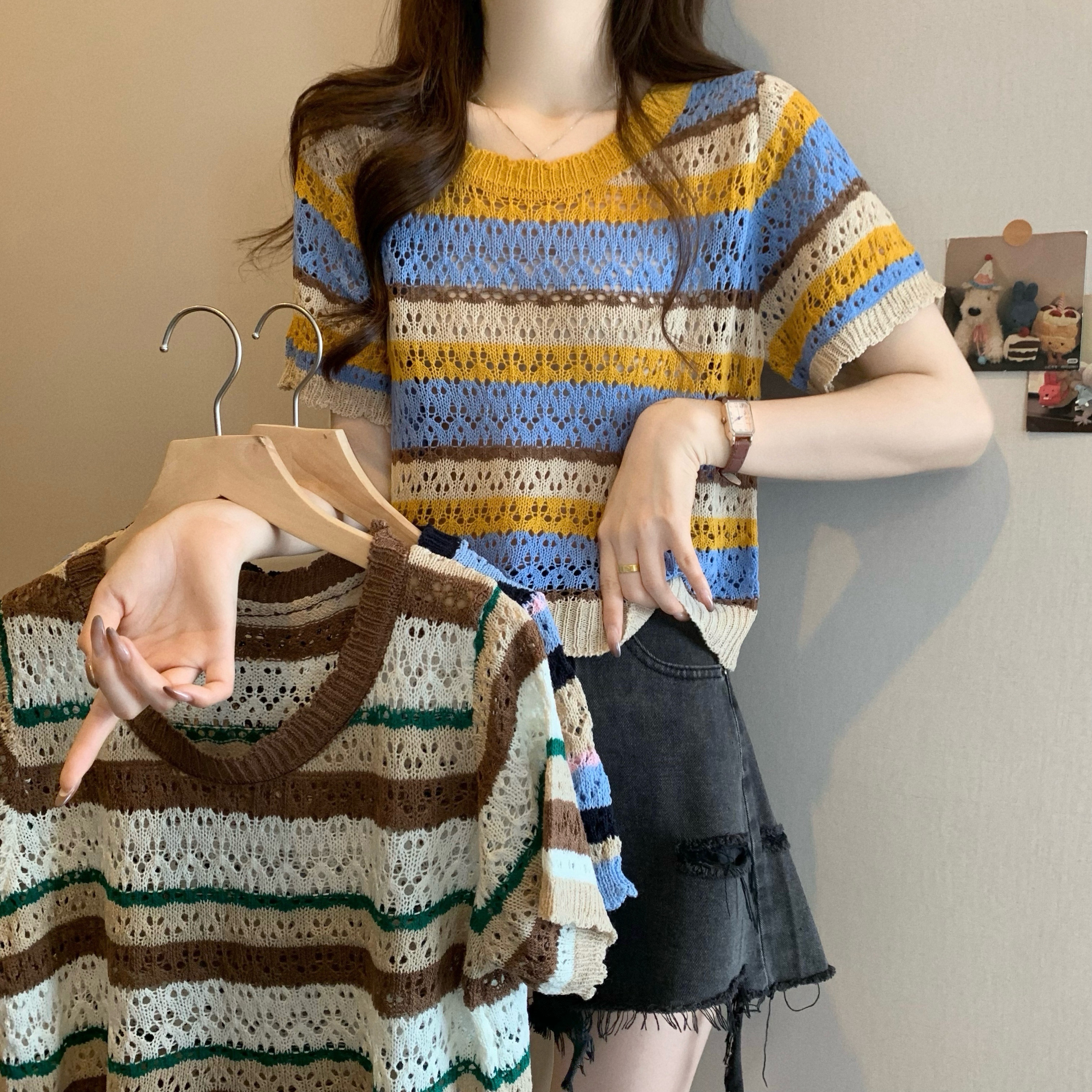 Real shot of the new Korean style design hollow colored short-sleeved knitted sweater