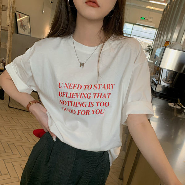 Short-sleeved T-shirt for women's summer new Korean style loose letters ins style sweet niche student top