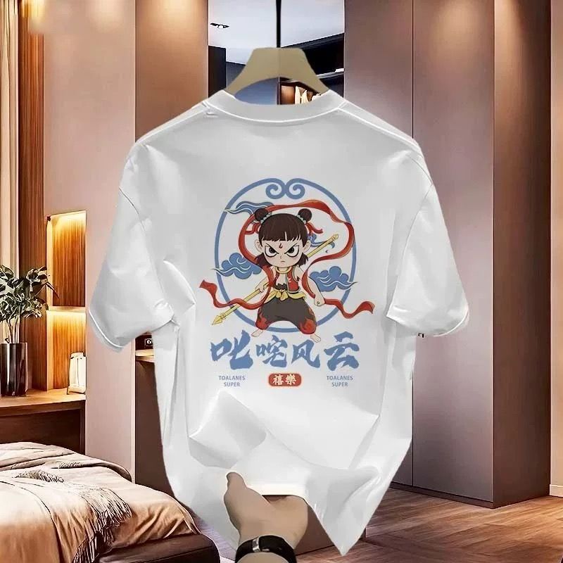 2025 new summer versatile loose casual trend Nezha T-shirt printed round neck pure cotton short-sleeved half-sleeved T-shirt trendy