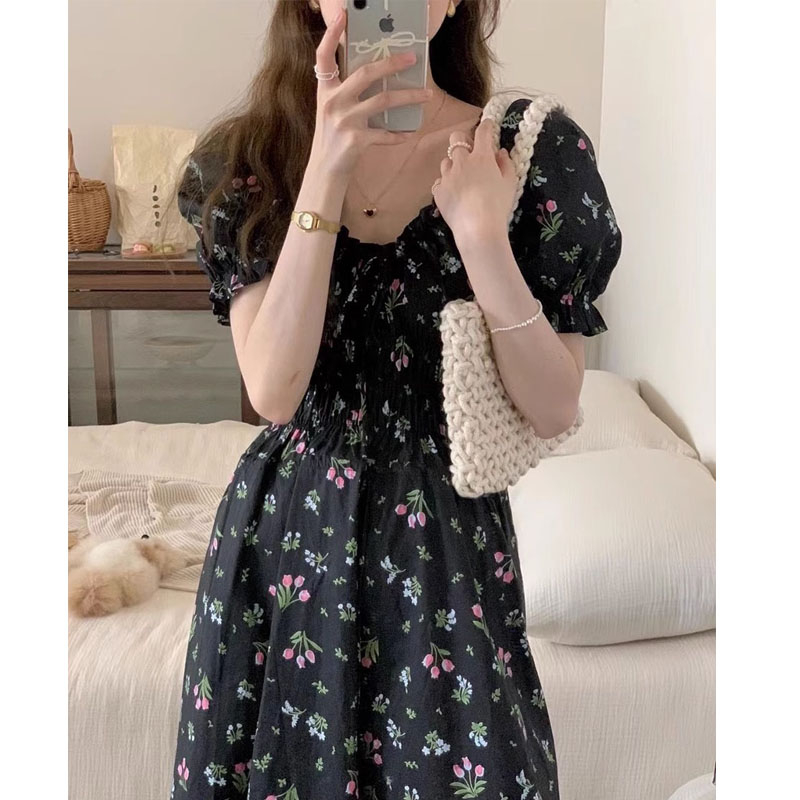 French V-neck waist-hugging black floral puff sleeve dress for women's seaside vacation long skirt summer new tea break skirt