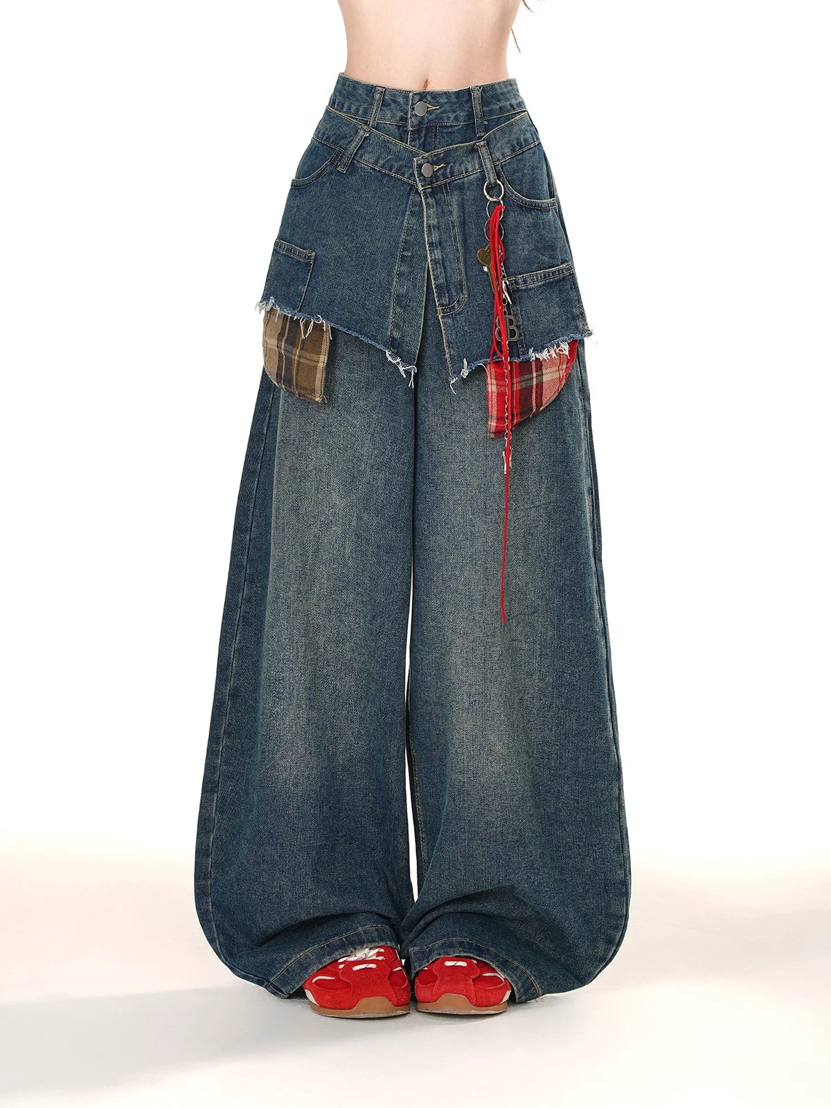 Korean American retro fake two-piece plaid jeans for women in summer new loose slim wide-leg scissor pants