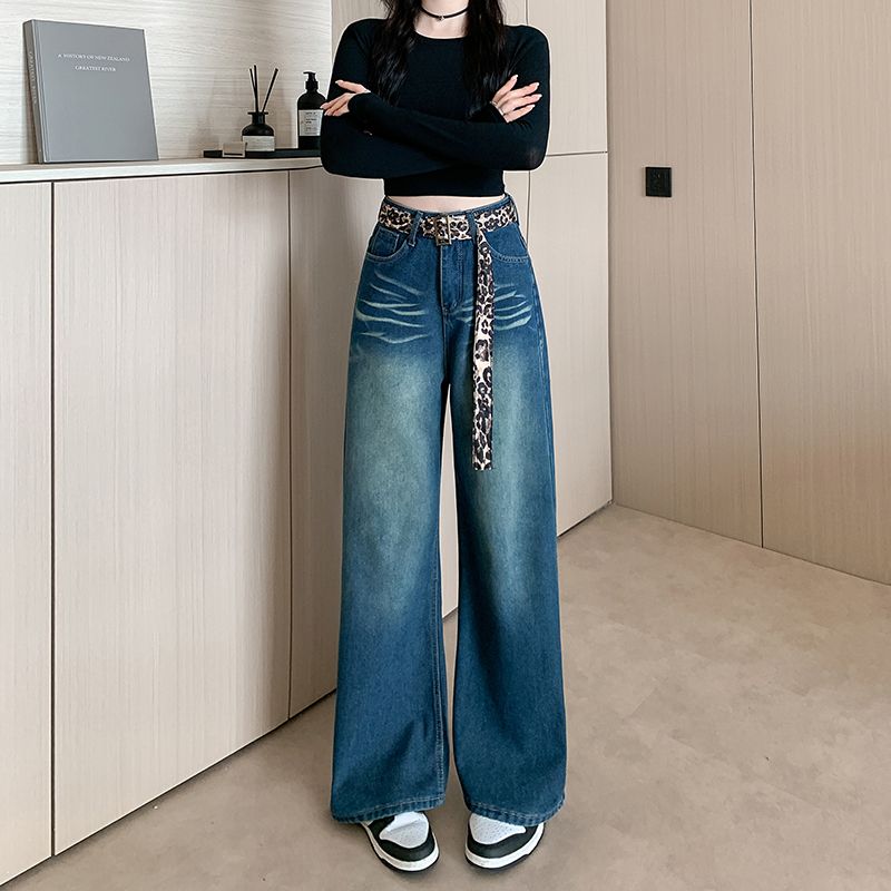 Real shot Korean American retro pocket design sense wide-leg jeans for women new high-waist loose straight pants
