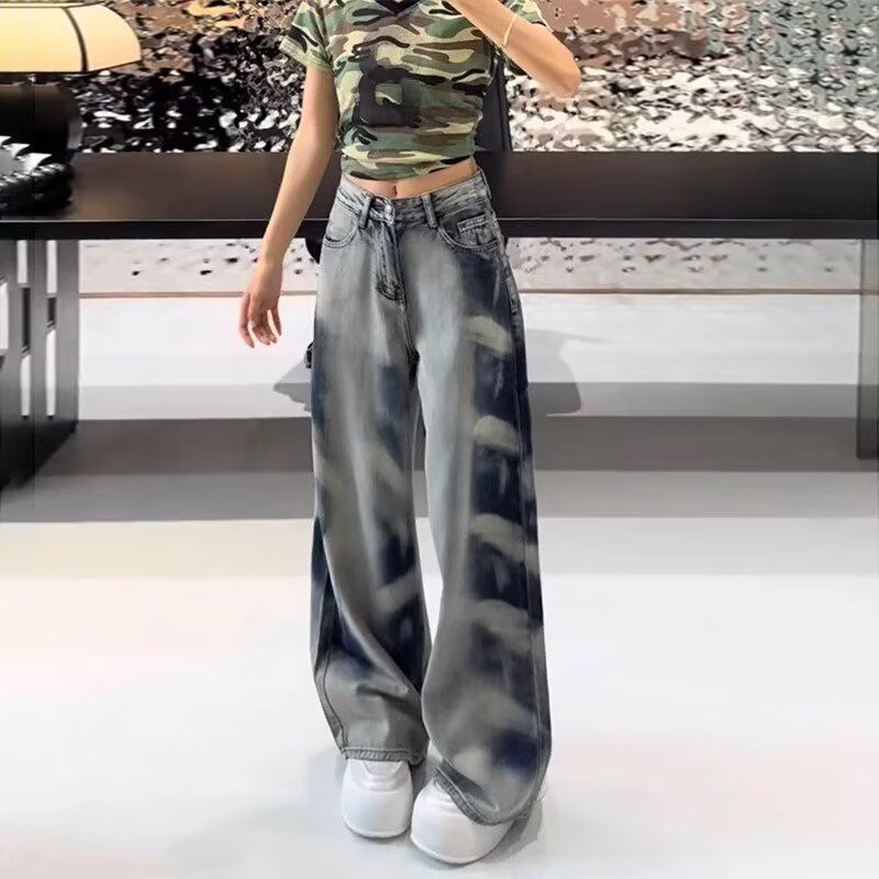 水墨畫扎染復古牛仔褲女春夏新款高腰顯瘦直筒寬鬆休閒闊腿拖地褲