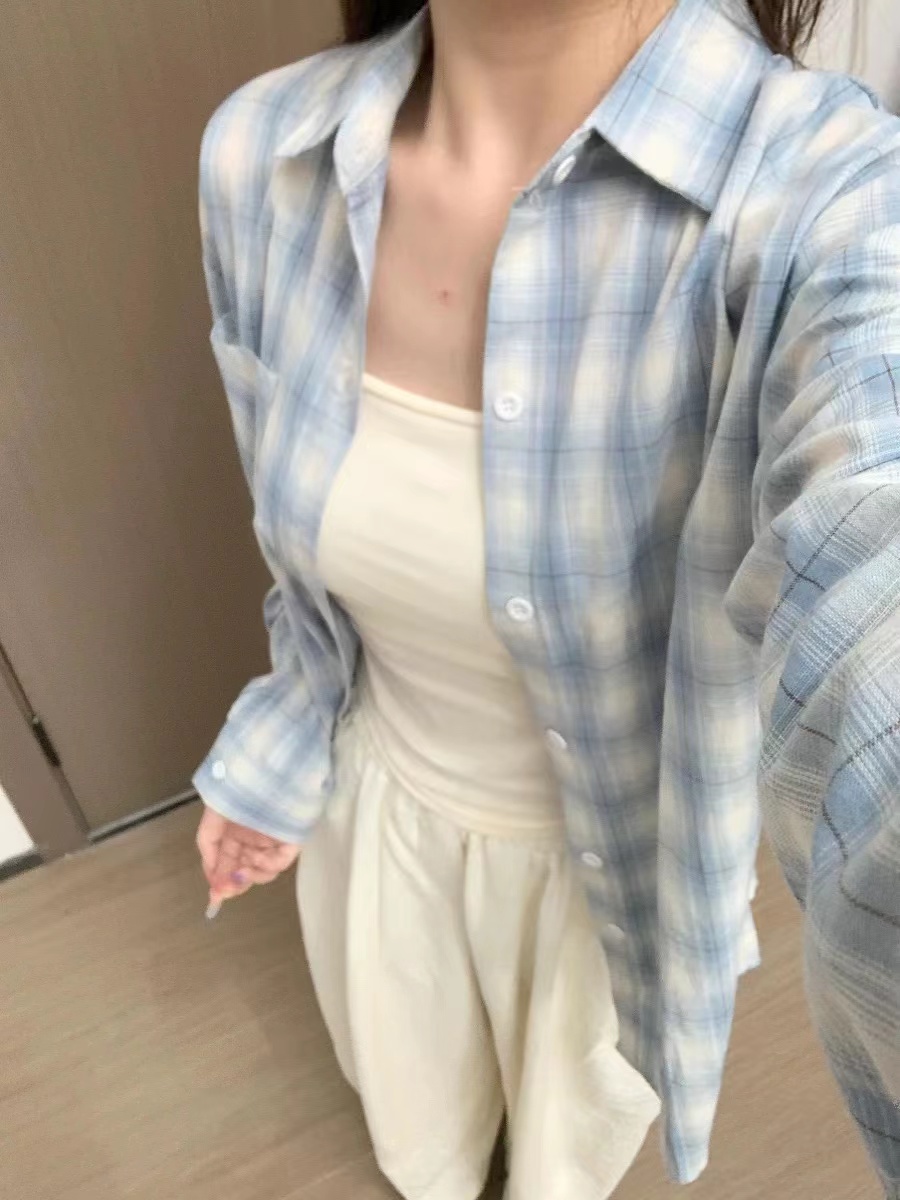 Korean 2025 new blue plaid sunscreen shirt for women in summer lazy style loose casual cardigan jacket