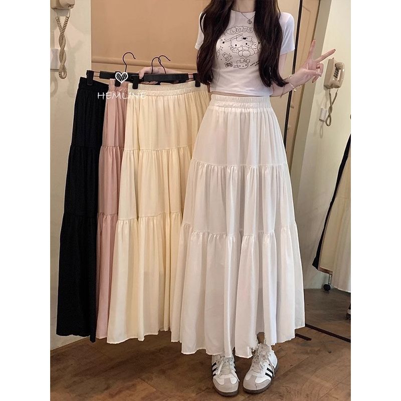 French gentle cake skirt for women in spring and summer elastic waist loose slimming skirt A-line large long skirt
