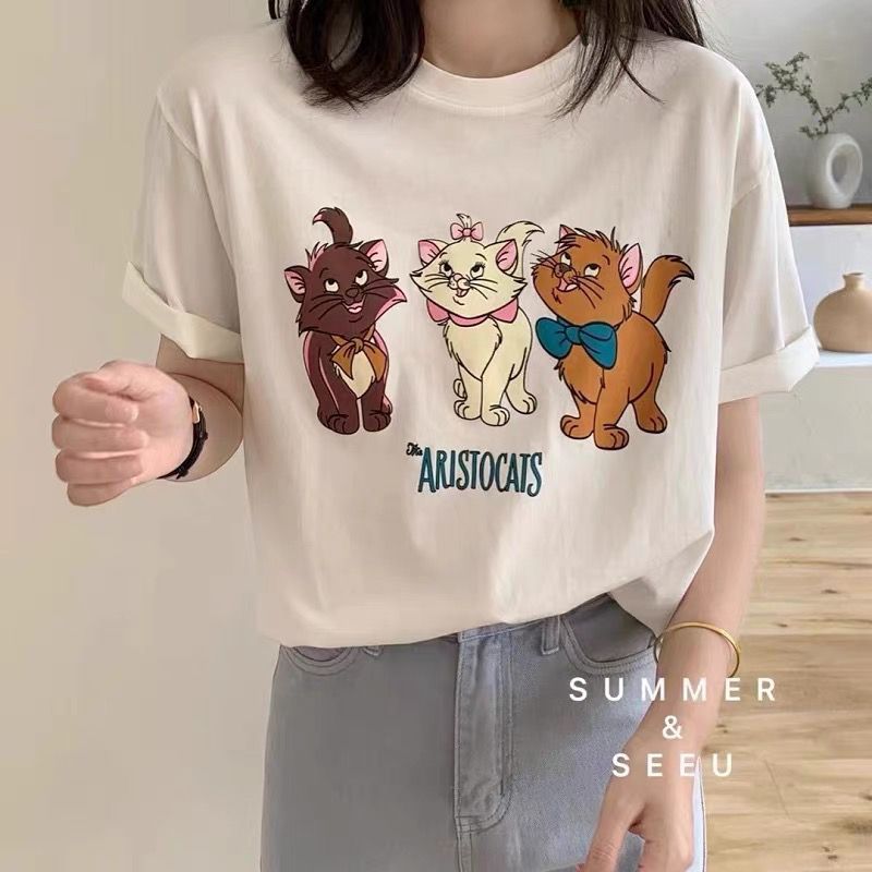 Three kittens cartoon printed round neck layered short-sleeved T-shirt women's top