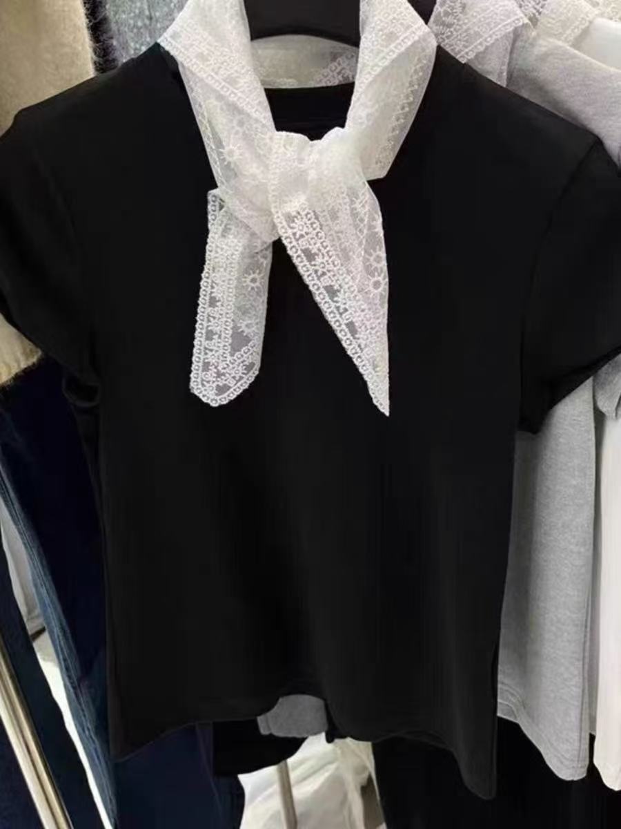 Korean version simple and fashionable round neck with scarf design slim and slim solid color versatile trendy short-sleeved top T-shirt