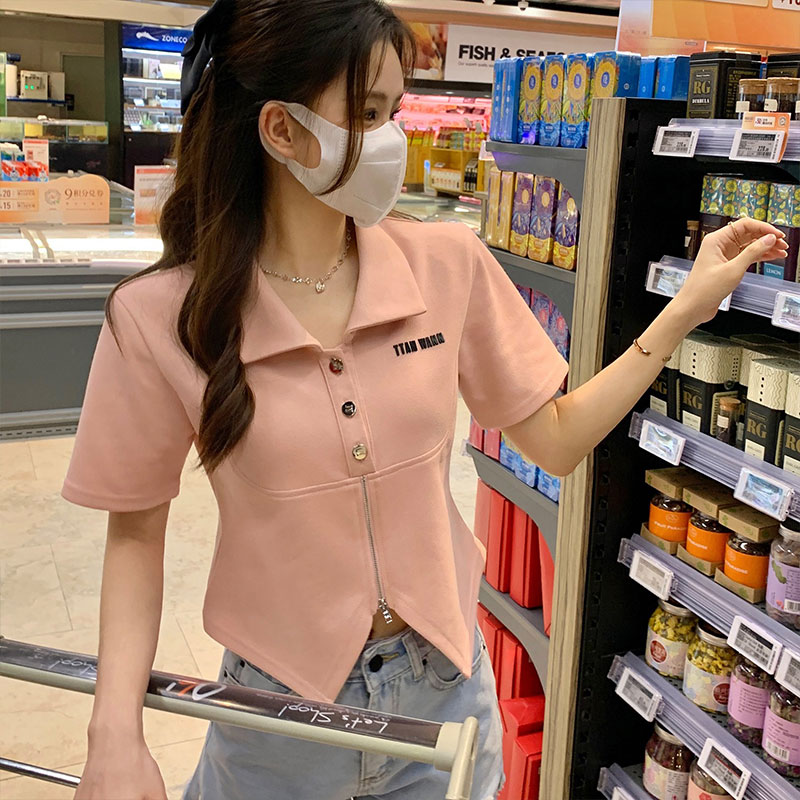 韓國chic夏季新款高彈大碼女裝短袖T恤設計感不規則短款拉鏈上衣