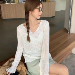 Summer French Style Sheer V-Neck Long-Sleeve Women's Pure Desire Thin Sun Protection Blouse Loose T-Shirt Top Air Conditioning Shirt