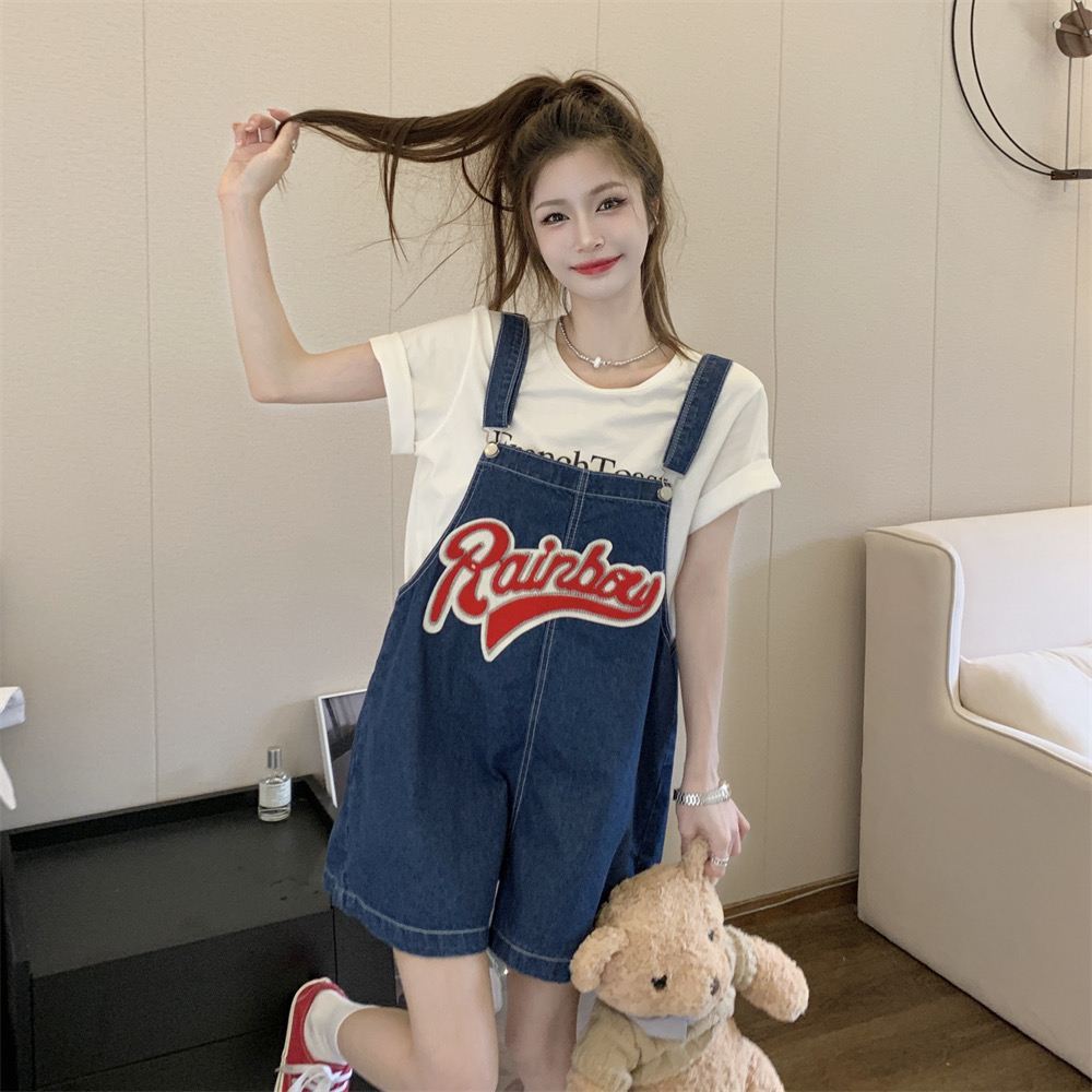 New summer Korean girl-like age-reducing denim overalls suit for women's work style wide-leg pants