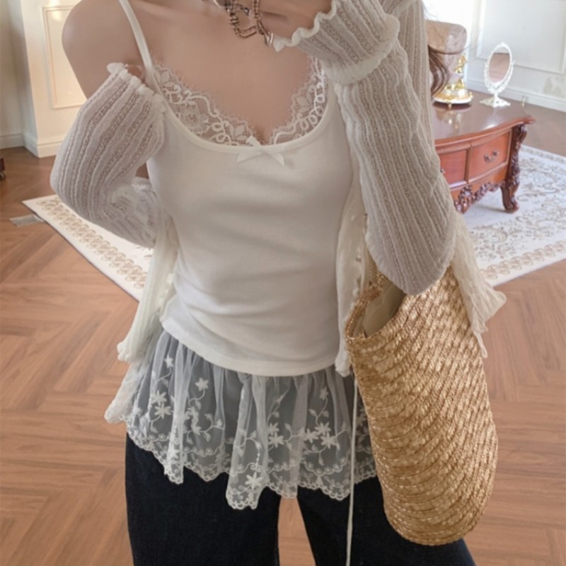 韓系疊穿白色吊帶背心女夏季蝴蝶結蕾絲花邊內搭打底辣妹外穿上衣