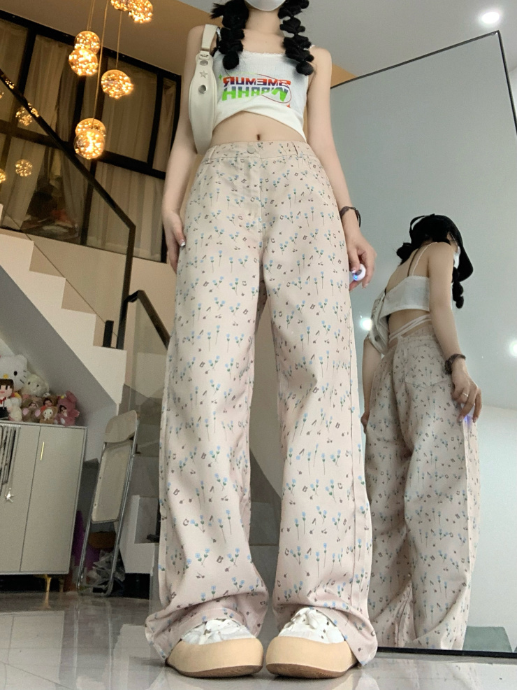 Hong Kong style floral jeans for women new style 2025 summer loose slim floor trousers niche straight wide-leg pants