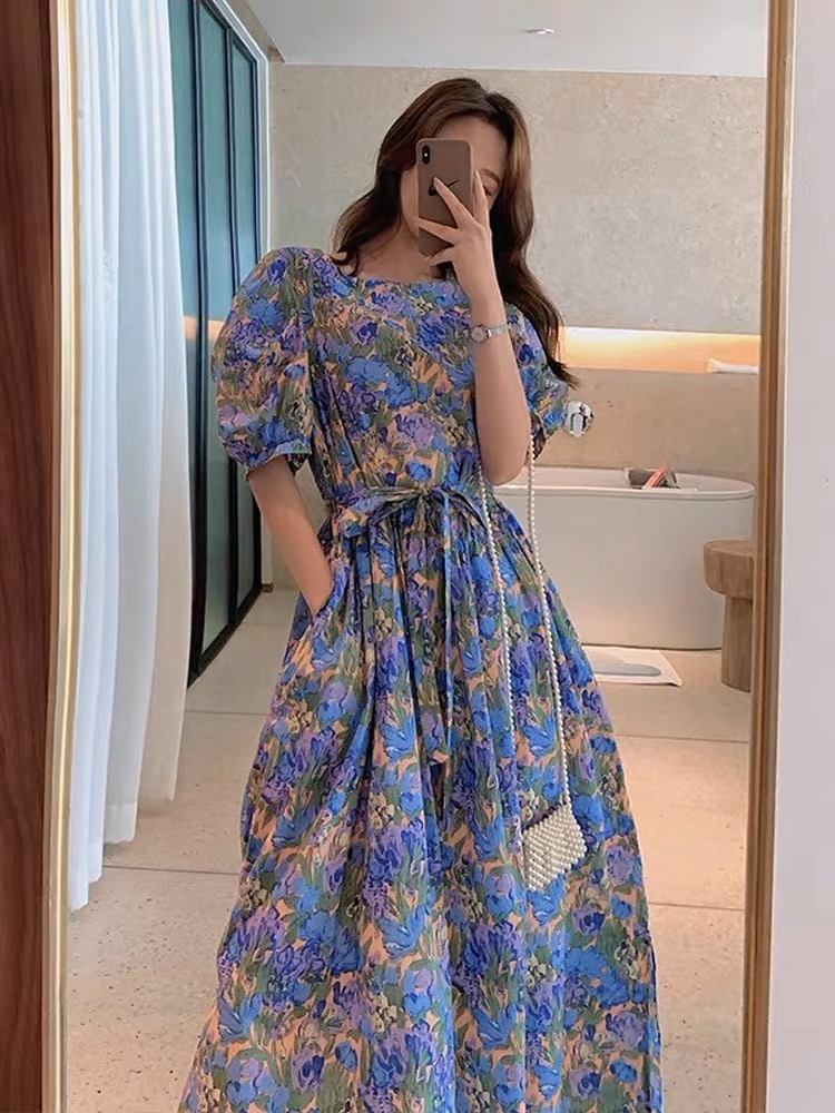 Korean summer new women's square collar floral dress with small ones outfit French retro waist-hugging slim skirt