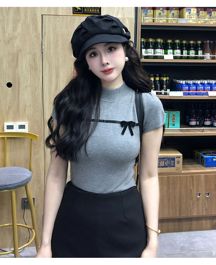 miu家深圳南油高端歐貨女裝春季蝴蝶結泡泡袖純色針織衫T恤上衣女