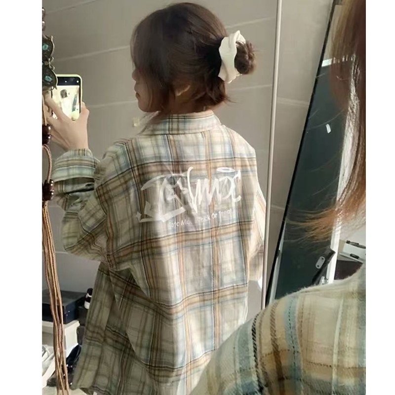非實拍 美式復古polo領格子襯衫寬鬆設計感印花防曬長袖外套