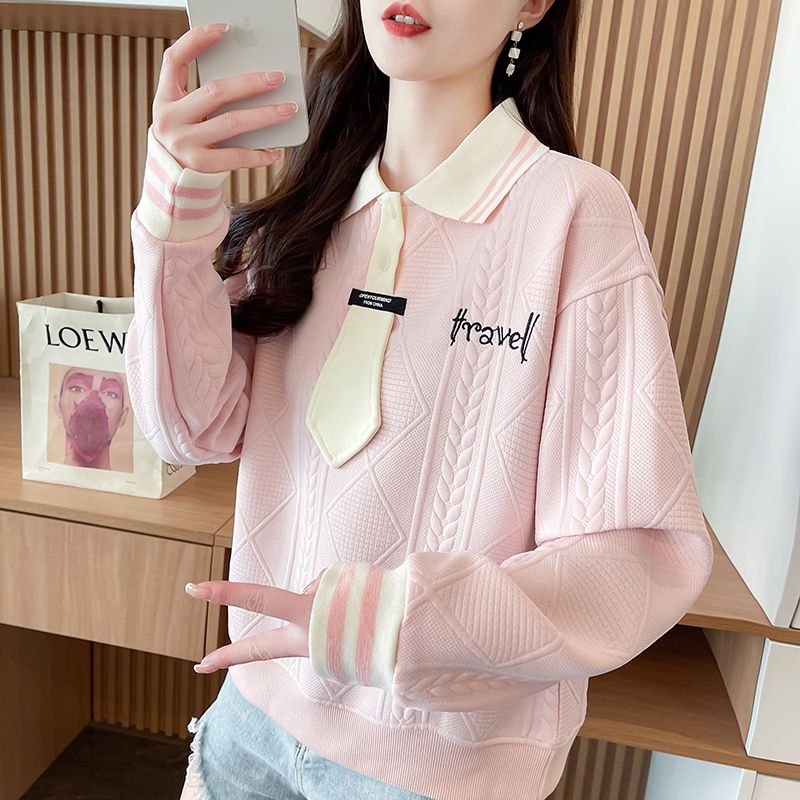 Real shot of polo neck jacquard sweatshirt for women's new spring and autumn fashionable age-reducing loose design top trendy