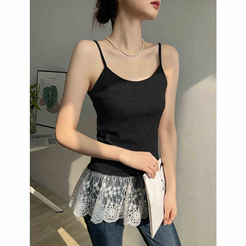 Black layered lace suspender vest for women with spring and summer sleeveless bottoming outside slim bodysuit 2025 new style