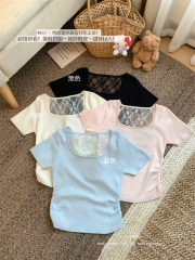 實拍 ~辣妹後邊鏤空蕾絲拼接針織T恤女純欲修身顯瘦百搭上衣