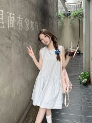 Real shot Contrast color striped round neck shoulder button sleeveless dress loose doll vest skirt