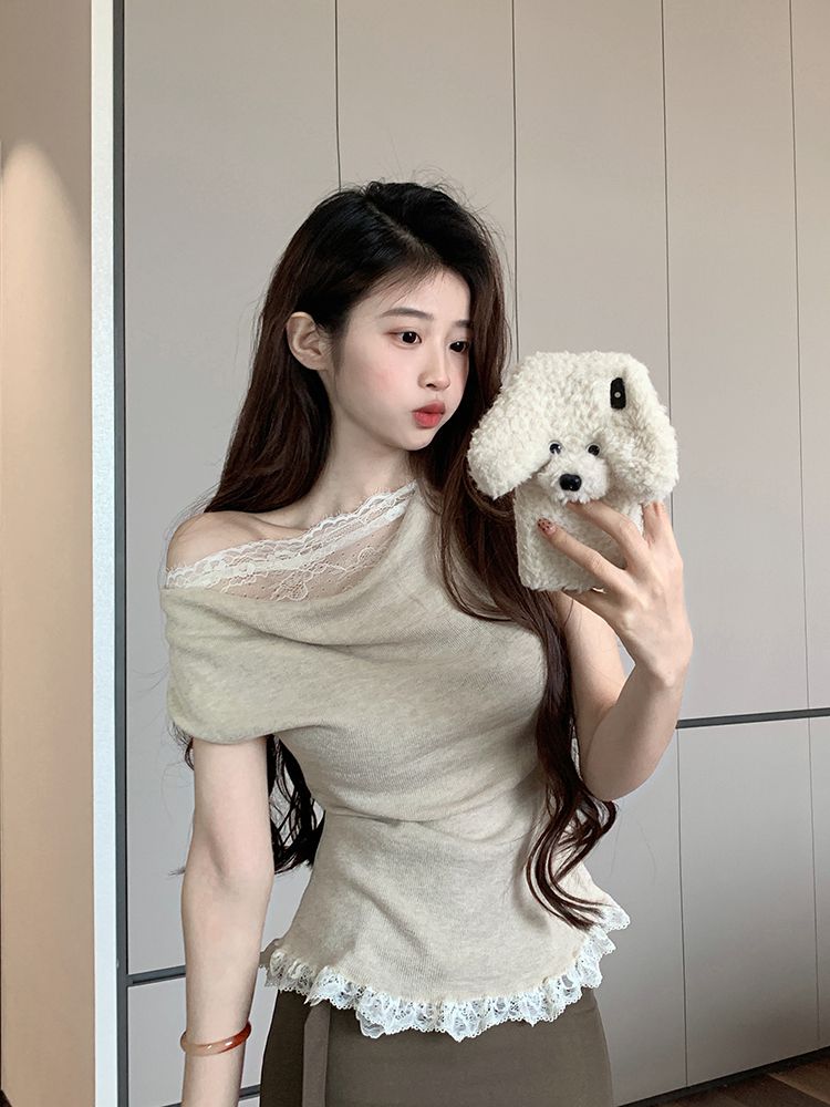 Lace spliced ​​wool sweater for women in summer slim and pure short-sleeved top