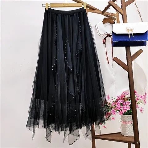 Heavy Industry Beaded Mesh Skirt Women's Spring New High Waist Slim Pleated Skirt Long Mesh Skirt Large Hem Skirt Skirt