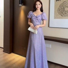 Real shot of starry night dress summer blue long sequins one-shoulder host chorus conductor dress