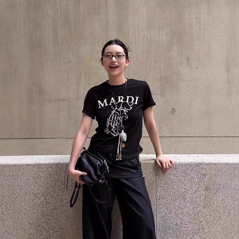 韓國chic純棉後包領夏季新款韓版美式印花修身高彈辣妹短袖T恤女