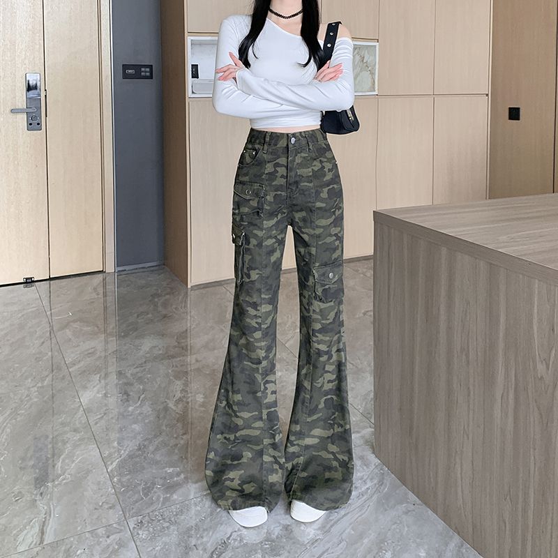 Real shot~ American camouflage workwear jeans for women's new style slim and flared trousers slim and drooping pants