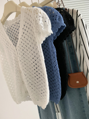 實拍新品夏季薄款v領鏤空開衫設計感小眾針織衫防曬罩衫