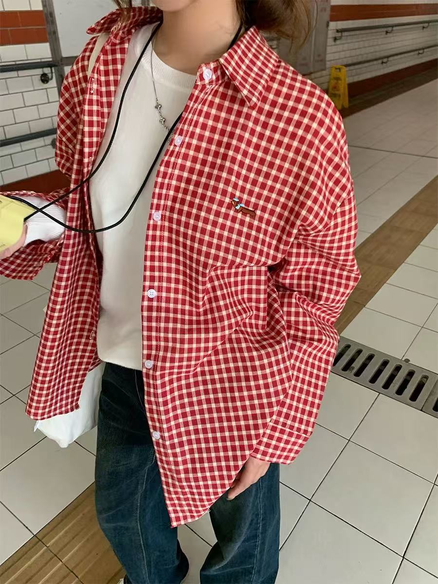 非實拍 臘腸小狗刺繡紅色格紋襯衫春新款慵懶風格子襯衣外套