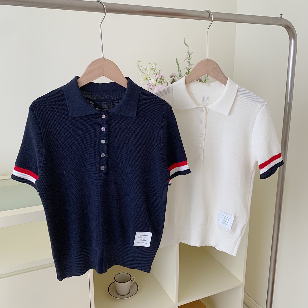 2025 new summer new style knitted cuffs color strips polo collar short sleeve knitted sweater lapel top for women