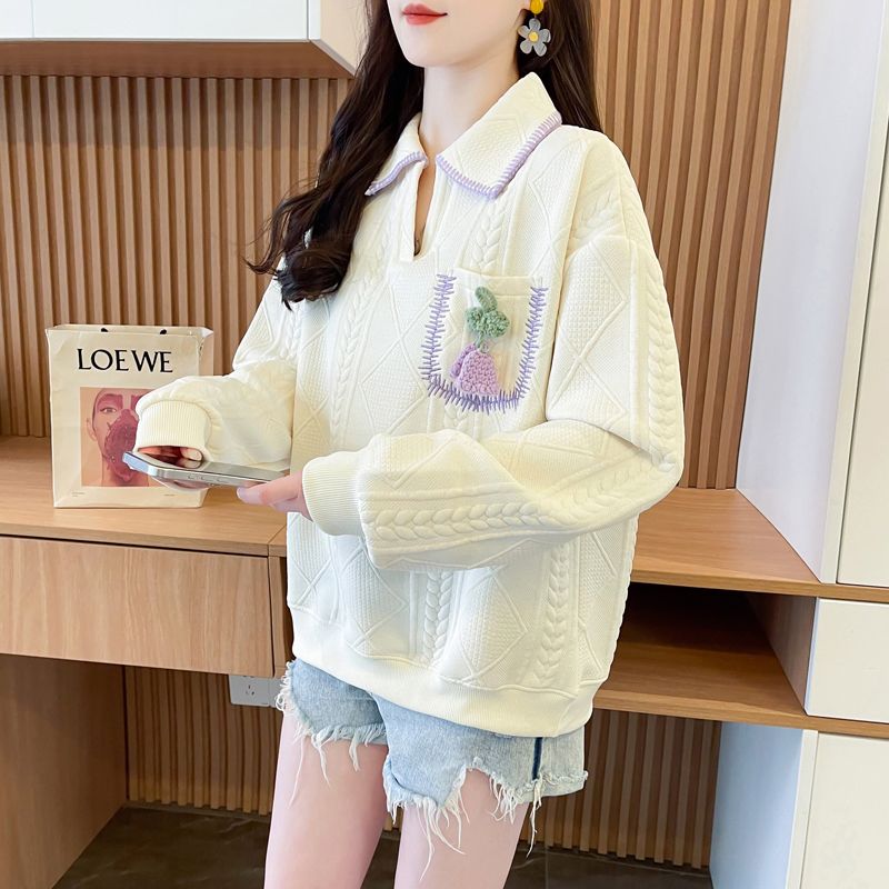 Real shot of polo neck jacquard sweatshirt for women's new spring and autumn fashionable age-reducing loose design top trendy