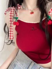 非實拍 辣妹風紅色蕾絲花邊外穿吊帶綁帶短款針織背心上衣潮