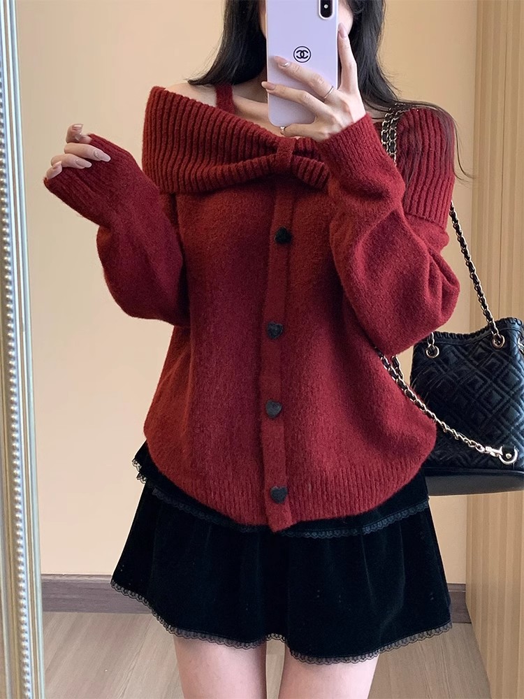 New Year's War Clothes Red One-Shoulder Bow Sweater Women's Autumn and Winter New Lazy Style Off-Shoulder Knitted Top