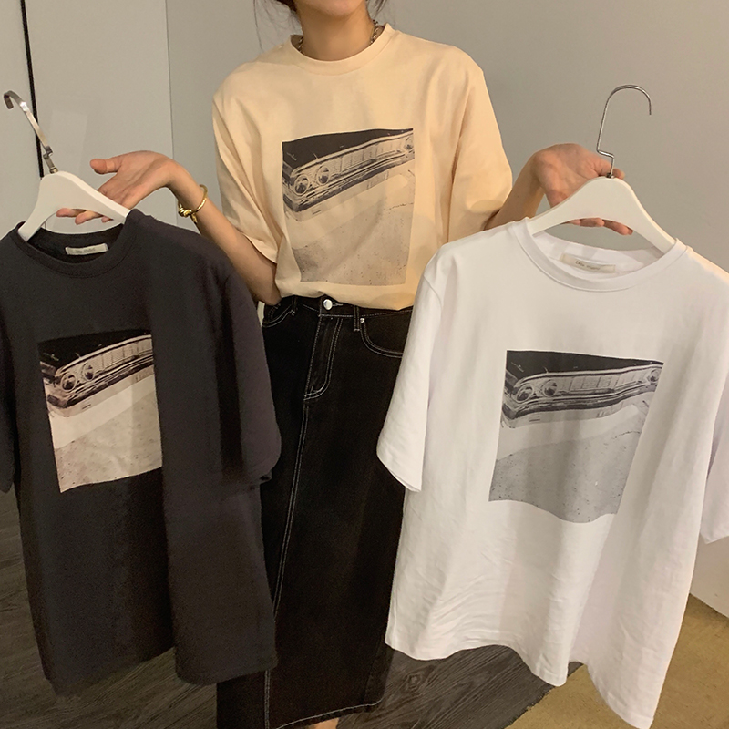#200g pure cotton American retro T-shirt for women in spring and summer loose versatile casual round neck top T-shirt trendy brand
