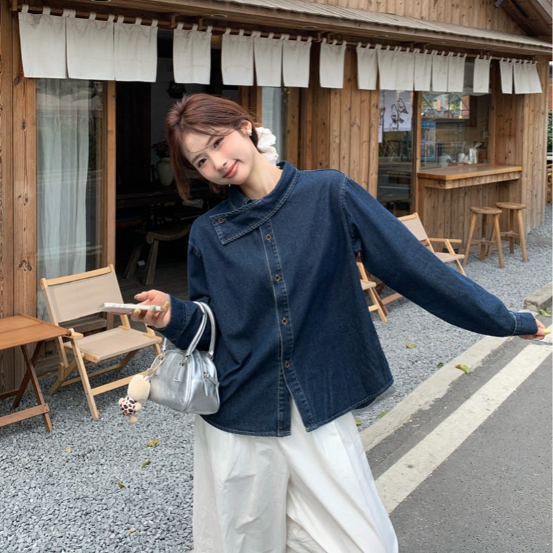 French design-shoulder wash denim shirt for women 2025 spring new niche and chic layered long-sleeved top