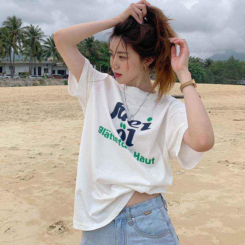 Real-life shoulder bag collar 100% pure cotton summer loose contrast letter printing short-sleeved T-shirt for women