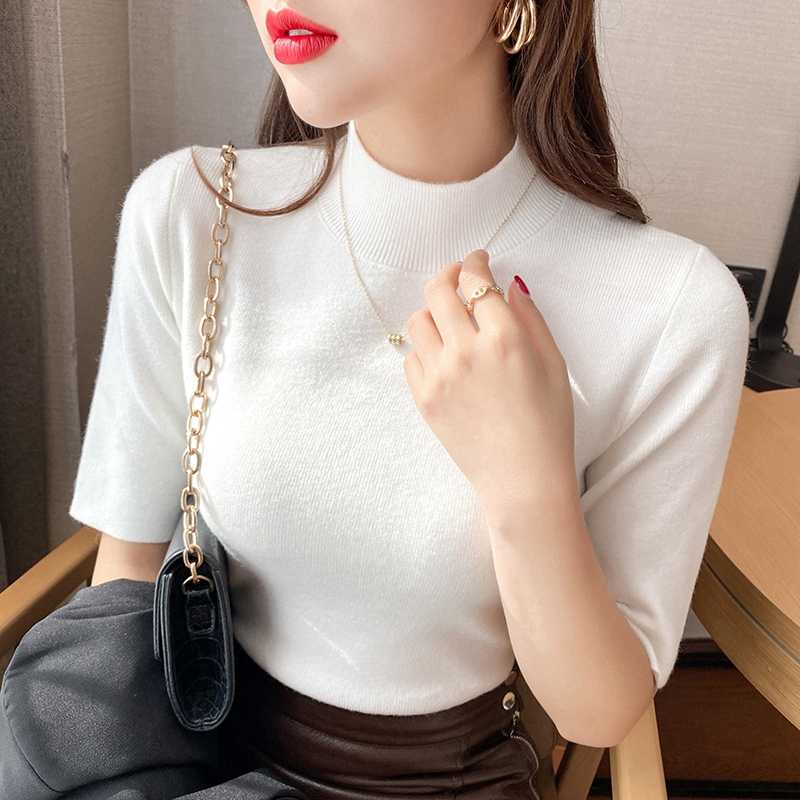 Women's half-turtleneck sweater long-sleeved knitted base shirt spring, autumn and winter new mid-sleeved slim fit inner top