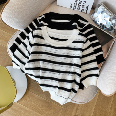 實拍夏季薄款鏤空冰絲針織衫條紋正肩短袖t恤女收腰短款上衣