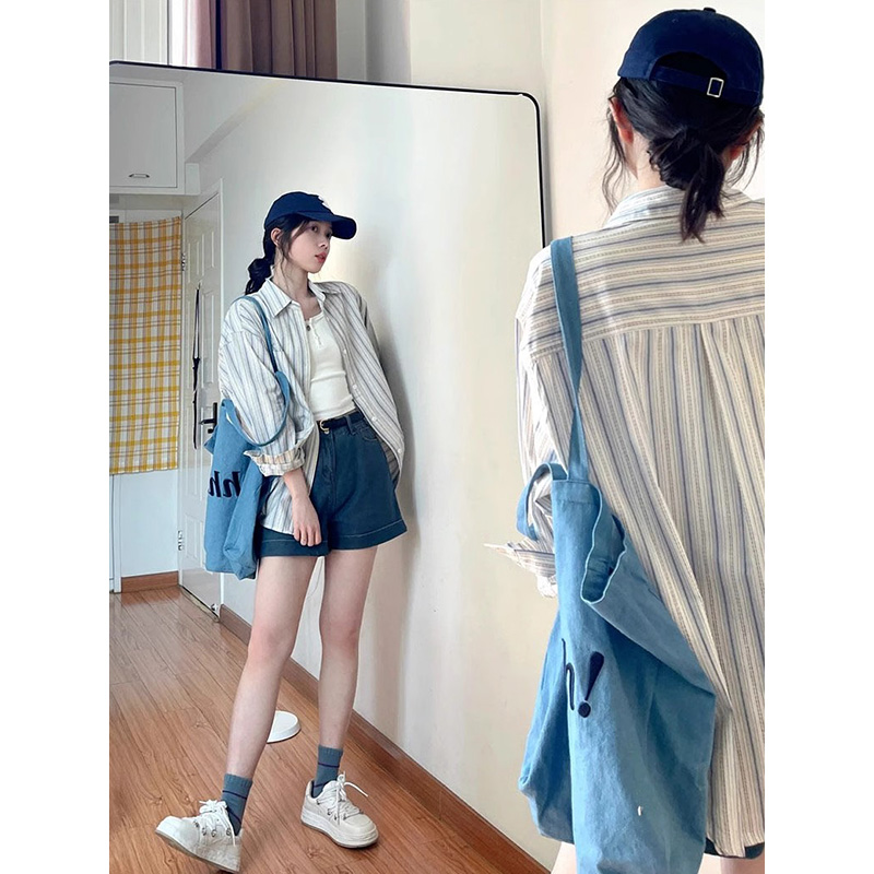 韓版百搭簡約春秋通勤條紋襯衫女POLO領襯衣寬鬆休閒上衣長袖外套