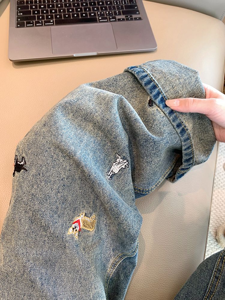 韓國chic復古小狗刺繡直筒牛仔褲女春夏新款設計感高腰顯瘦闊腿褲