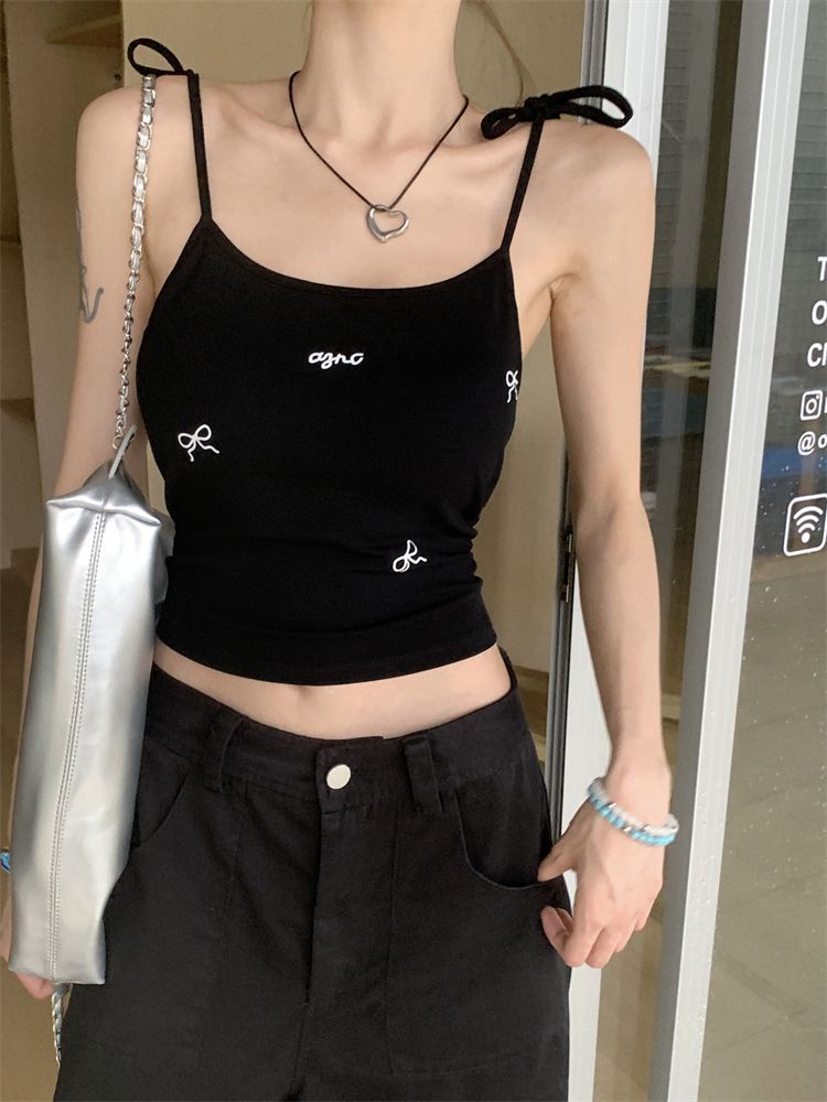 2025夏季新款蝴蝶結印花小吊帶背心女帶胸墊美背性感內搭外穿上衣